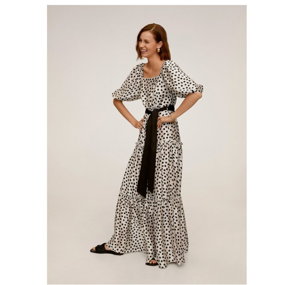 Mango White Maxi Dress with Black Polka Dots and Black Sash